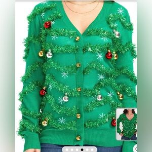 Tipsy Elves Green Cardigan with Gold and Red Details